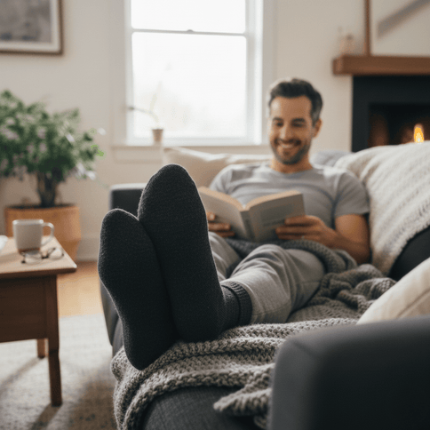 Man met Sukats alpaca wol huissokken leest een boek op de bank.