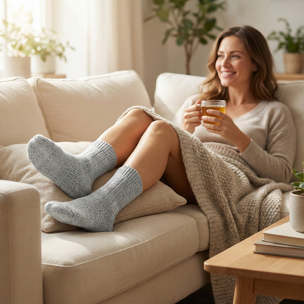 Vrouw met Sukats alpaca wol huissokken zittend op een bank met een kop thee.