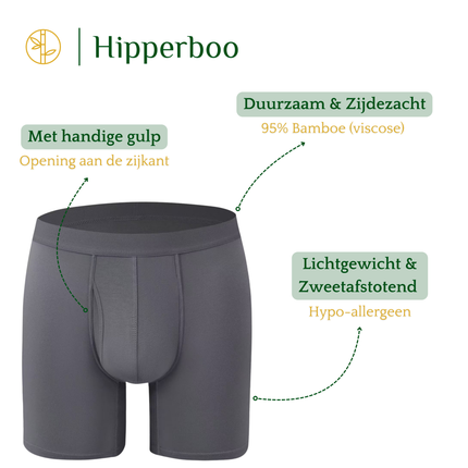 Hipperboo bamboe onderbroek grijs met opening. Duurzaam en zijdezacht. Lichtgewicht en zweetafstotend. Voorzien van een handige kruisopening.
