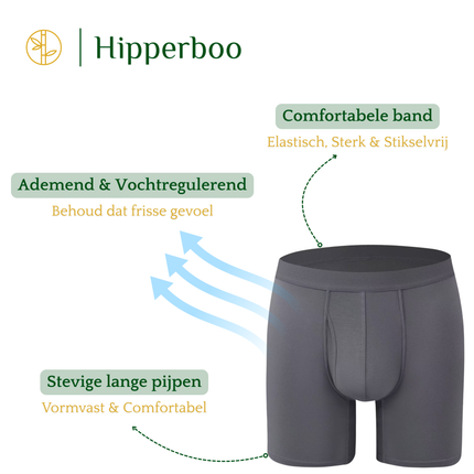 Hipperboo bamboe onderbroeken grijs met opening. Comfortabele band. Ademend en vochtregulerend. Stevige lange pijpen.