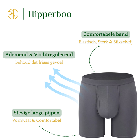 Hipperboo bamboe onderbroeken grijs met opening. Comfortabele band. Ademend en vochtregulerend. Stevige lange pijpen.