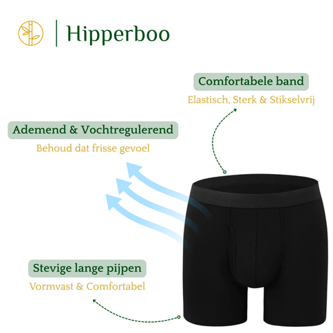 Hipperboo bamboe onderbroek zwart. Comfortabele band. Ademend en vochtregulerend. Stevige lange pijpen.