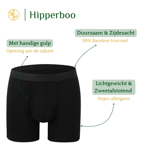 Hipperboo bamboe onderbroek zwart. Duurzaam en zijdezacht. Lichtgewicht & zweetafstotend. Handige opening.