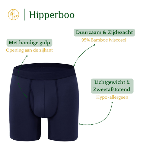Hipperboo bamboe onderbroek marineblauw. Duurzaam en zijdezacht. Lichtgewicht & zweetafstotend. Handige opening.