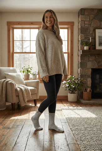 Vrouw in beige trui en zwarte leggings met Sukats® grijze sokken in een woonkamer.