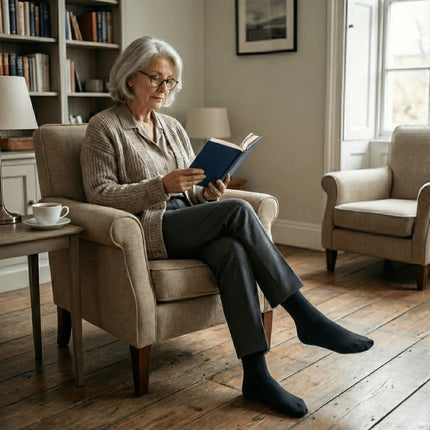 Oudere vrouw met Hipperboo bamboesokken leest een boek in een comfortabele fauteuil.