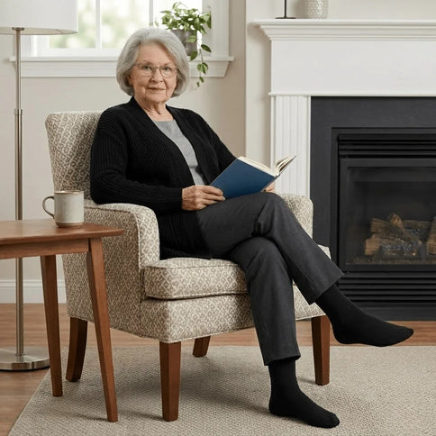 Oudere vrouw in een zwarte trui en grijze broek die een boek leest in een fauteuil.