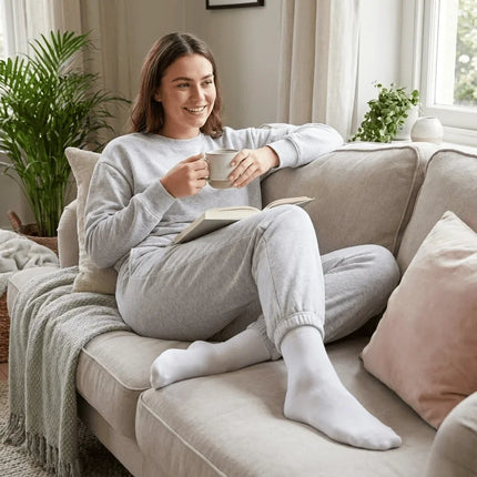 Vrouw in grijze joggingpak met Hipperboo bamboesokken zittend op een bank met een kop koffie.