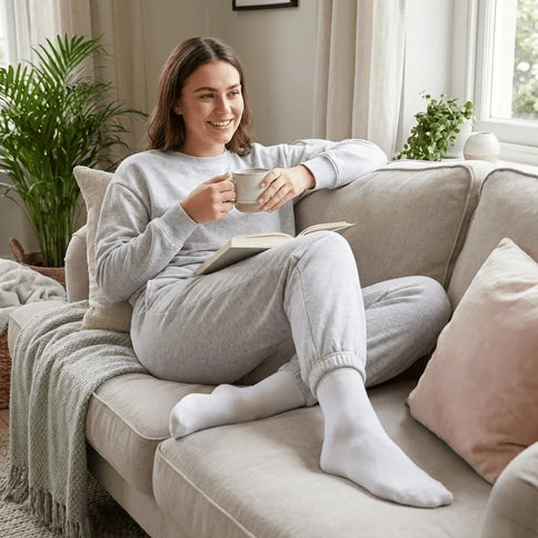 Vrouw in grijze joggingpak met Hipperboo bamboesokken zittend op een bank met een kop koffie.
