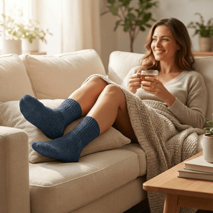 Vrouw met blauwe Sukats alpaca wol huissokken op een bank met een kop thee.