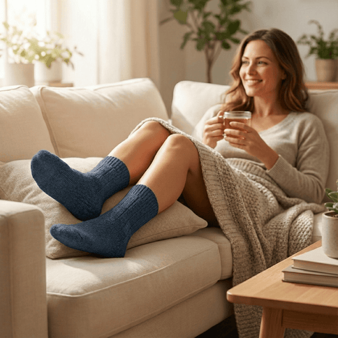Vrouw met blauwe Sukats alpaca wol huissokken op een bank met een kop thee.