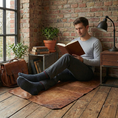 Man met Sukats Noorse sokken leest een boek in een rustige kamer met bakstenen muur.