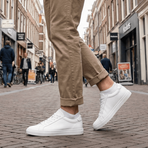 Man met beige broek en witte sneakers met Sukats sneakersokken op een stenen straat.