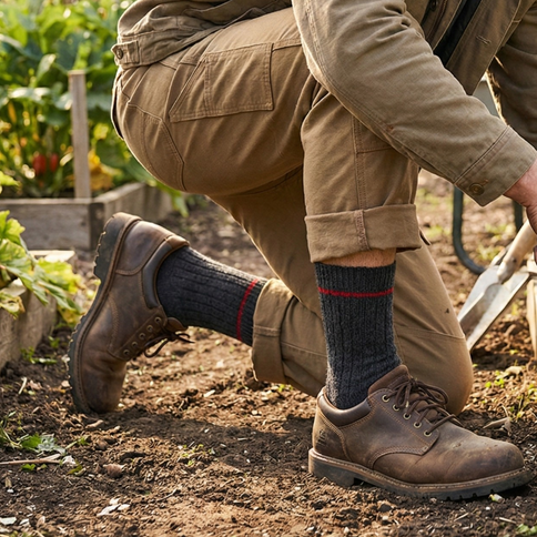 Sukats Noorse sokken met rood detail gedragen met bruine leren boots in de tuin.
