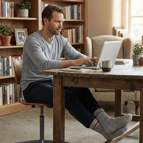 Man met Sukats noorse sokken werkend op een laptop aan een houten bureau.