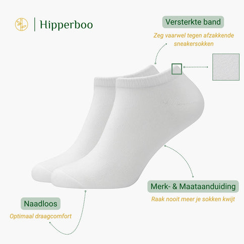 De Hipperboo bamboe sneakersokken zijn voorzien van een extra verstevigde band. Tevens hebben ze een merk- en maataanduiding en zijn ze naadloos uitgevoerd.