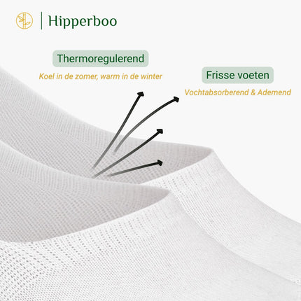De Hipperboo bamboe sneakersokken zijn thermoregulerend. Dat houdt in, koel in de zomer en warm in de winter. Dankzij het ademende vermogen en anti-transpirerende effect van bamboe, heb je ook frisse voeten.