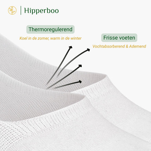 De Hipperboo bamboe sneakersokken zijn thermoregulerend. Dat houdt in, koel in de zomer en warm in de winter. Dankzij het ademende vermogen en anti-transpirerende effect van bamboe, heb je ook frisse voeten.