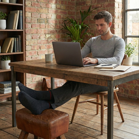 Man met Sukats Noorse sokken zittend aan een houten bureau met laptop.
