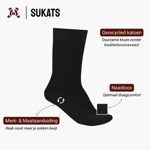 Qualifeet Sukats black seamless recycled cotton socks for men and women with size and brand markings