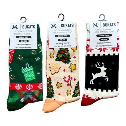 Qualifeet Sukats festive Christmas socks in green, beige, and black with holiday patterns and gift box motifs