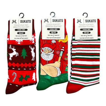 Qualifeet Sukats festive Christmas socks set featuring reindeer, Santa Claus, and striped patterns in red and green.