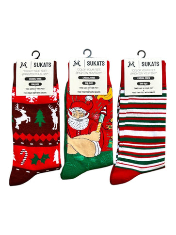 Qualifeet Sukats festive Christmas socks set featuring reindeer, Santa Claus, and striped patterns in red and green.
