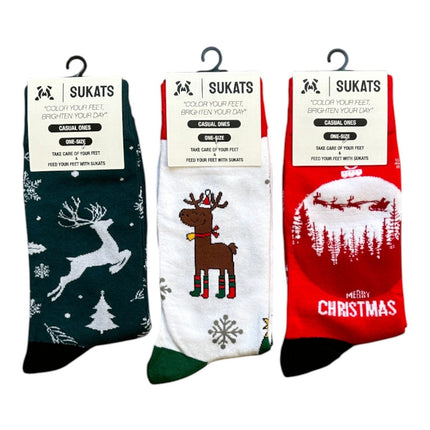 Qualifeet Sukats festive Christmas socks for men and women featuring reindeer and winter patterns in red and green