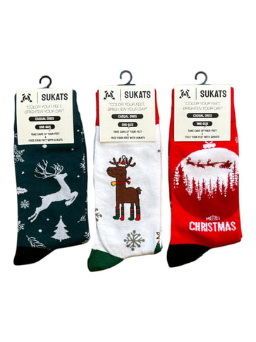 Qualifeet Sukats festive Christmas socks for men and women featuring reindeer and winter patterns in red and green