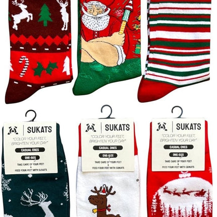 Qualifeet Sukats festive Christmas socks featuring reindeer, Santa, and striped patterns in red, green, and white.