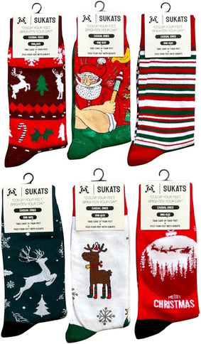 Qualifeet Sukats festive Christmas socks featuring reindeer, Santa, and striped patterns in red, green, and white.