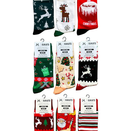 Qualifeet Sukats Christmas themed casual socks set featuring festive reindeer, Santa, and holiday patterns