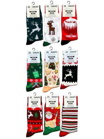 Qualifeet Sukats Christmas themed casual socks set featuring festive reindeer, Santa, and holiday patterns