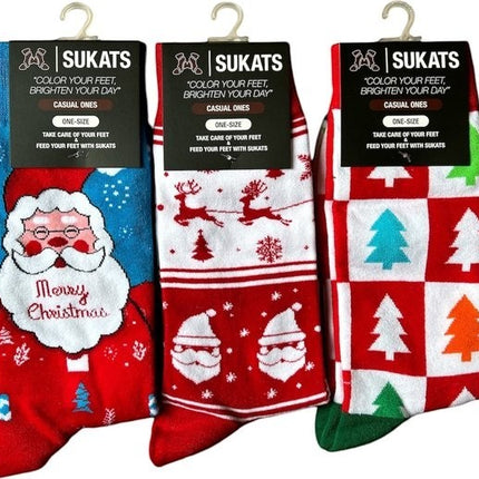 Qualifeet Sukats festive Christmas socks with Santa, reindeer, and tree patterns in red, white, blue, and green.