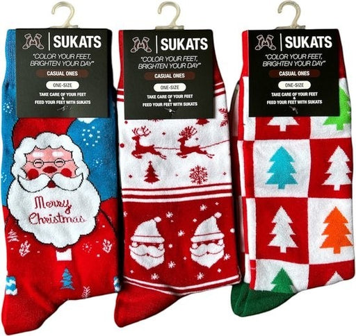 Qualifeet Sukats festive Christmas socks with Santa, reindeer, and tree patterns in red, white, blue, and green.