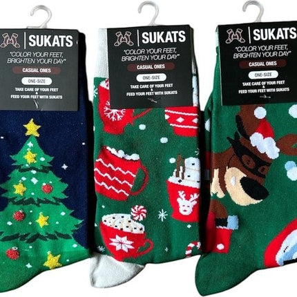 Qualifeet Sukats festive Christmas socks with tree, cocoa mug, and reindeer patterns for men and women