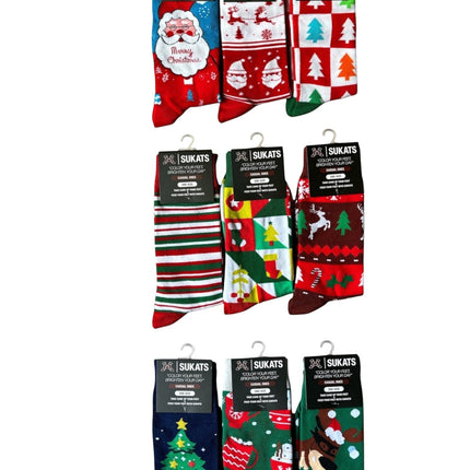 Qualifeet Sukats festive Christmas socks featuring Santa, reindeer, and tree patterns in vibrant holiday colors.
