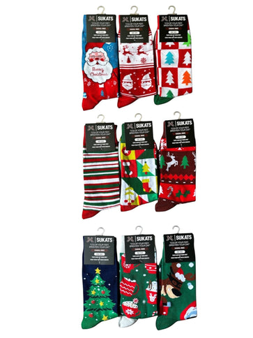 Qualifeet Sukats festive Christmas socks featuring Santa, reindeer, and tree patterns in vibrant holiday colors.