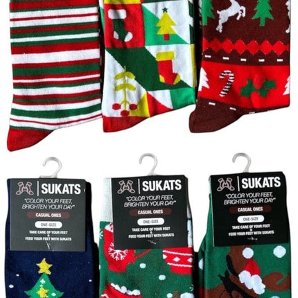 Qualifeet Sukats festive Christmas socks featuring colorful patterns like reindeer, trees, and cocoa mugs
