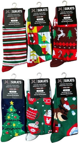 Qualifeet Sukats festive Christmas socks featuring colorful patterns like reindeer, trees, and cocoa mugs