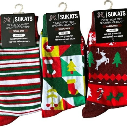 Qualifeet Sukats festive Christmas socks in three colorful patterns with stripes, holiday icons, and reindeer designs.