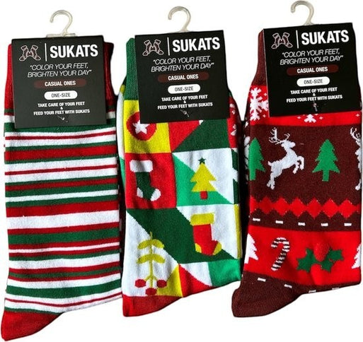 Qualifeet Sukats festive Christmas socks in three colorful patterns with stripes, holiday icons, and reindeer designs.