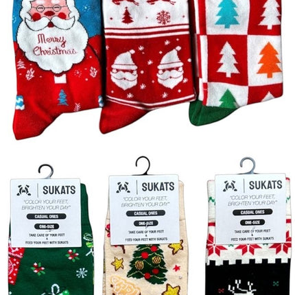 Qualifeet Sukats festive Christmas socks featuring Santa, reindeer, and tree patterns in vibrant holiday colors