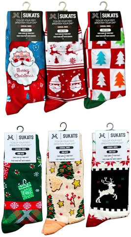 Qualifeet Sukats festive Christmas socks featuring Santa, reindeer, and tree patterns in vibrant holiday colors