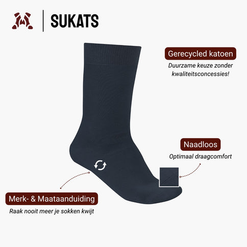 Qualifeet Sukats navy blue seamless recycled cotton socks for men and women with size and brand markings