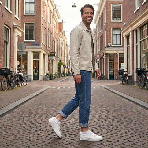 Man in beige jasje en blauwe jeans met witte Sukats sneakersokken op een klinkerstraat.