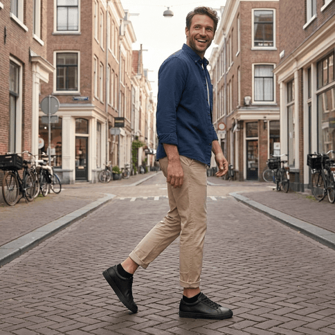 Lachende man in blauw overhemd en beige broek loopt door een Europese straat met Sukats sokken.