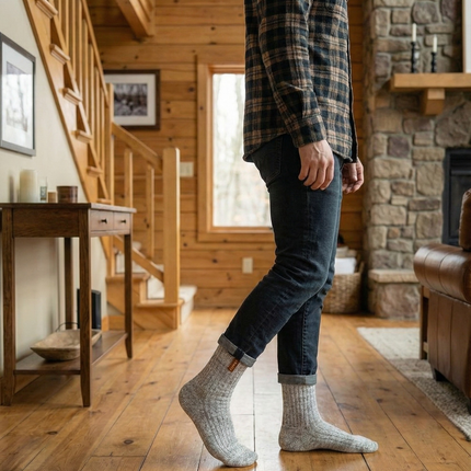 Man draagt grijze Sukats Norwegians Premium Deluxe sokken in een houten interieur.