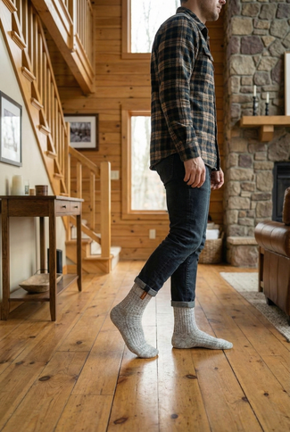 Man draagt grijze Sukats Norwegians Premium Deluxe sokken in een houten interieur.